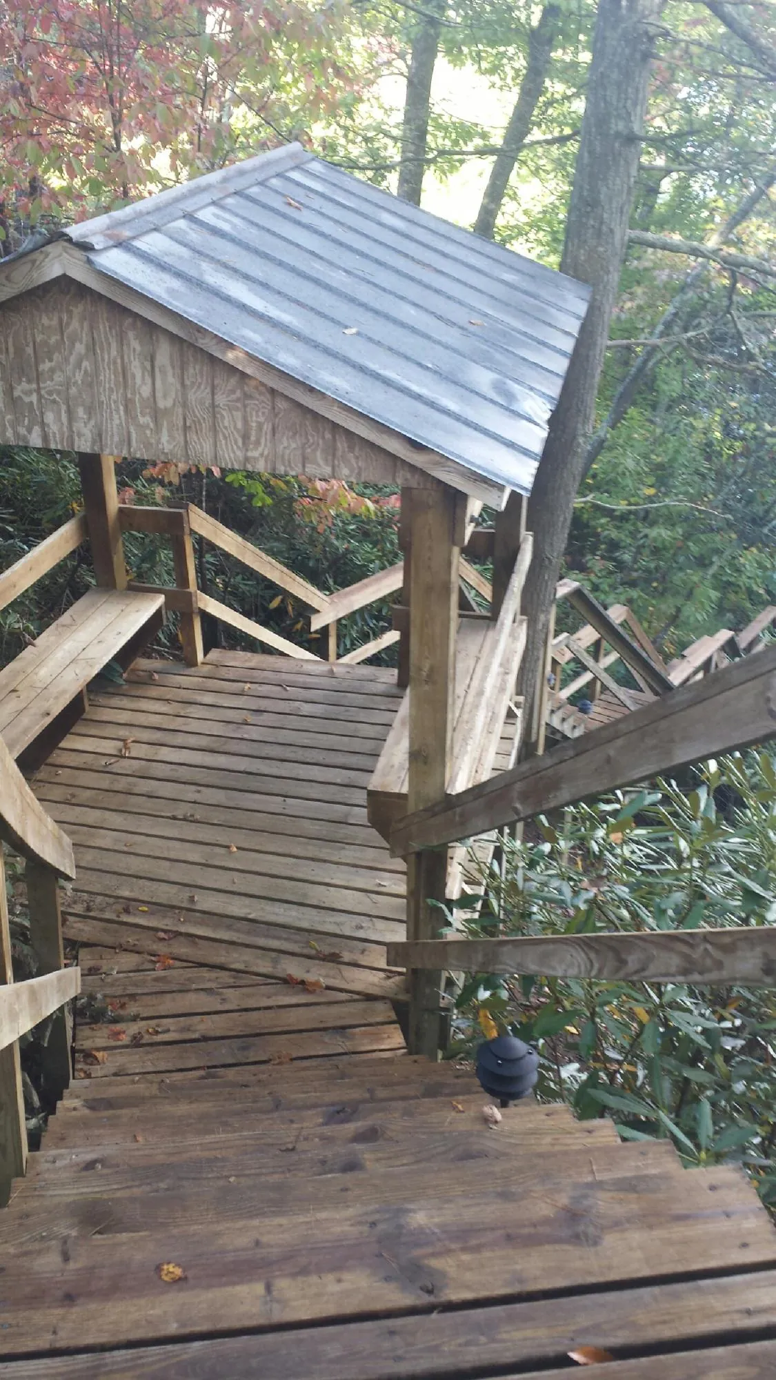 Metal roofed shelter over wooden steps on a wooded walkway — Skylight Repair & Installation work by our crew in Adamsville